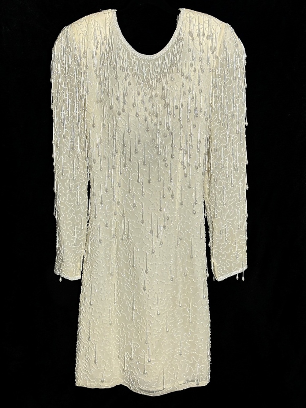 Vintage 80s Lillie Rubin Beaded Silk Open Back Pearl Fringe Dress S